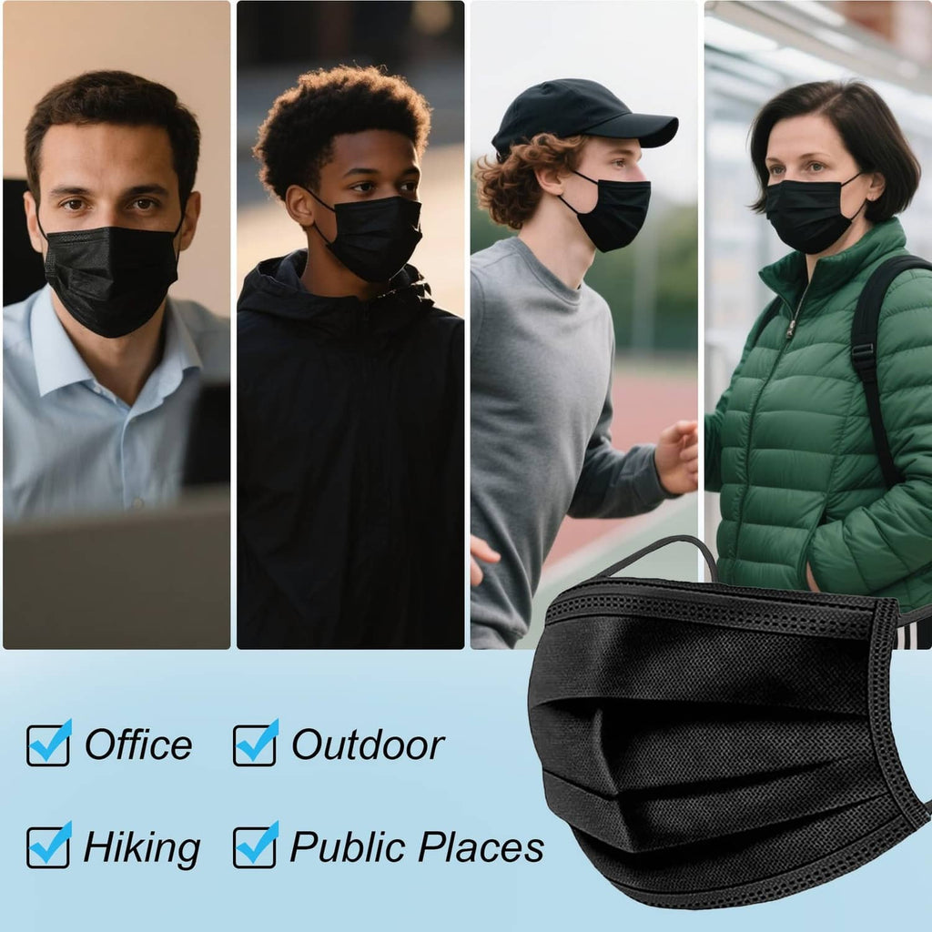 Black disposable face mask shown for office, outdoor, hiking, and public places.