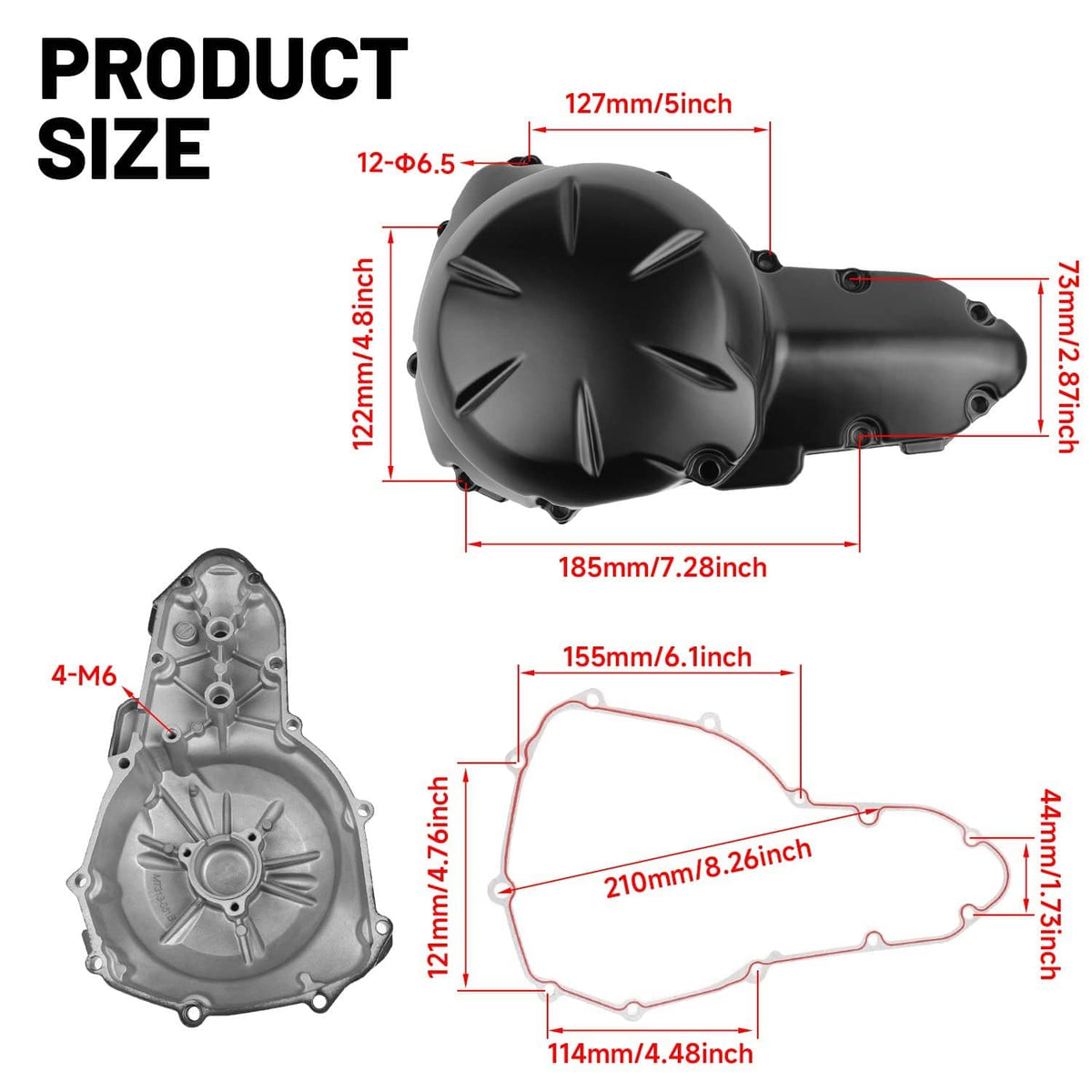 Crank case cover and gasket size chart with measurement diagram and dimensions.