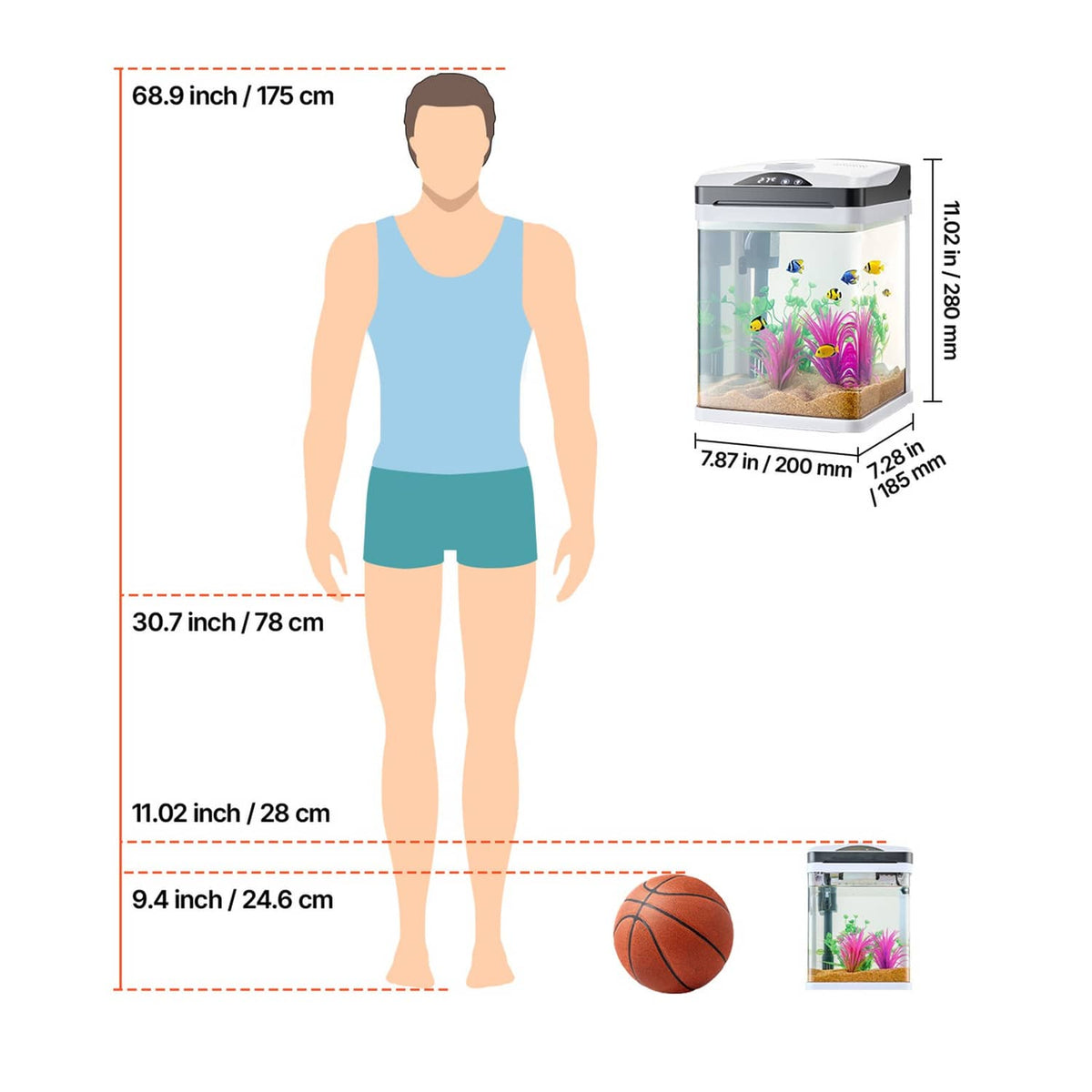 Square LED aquarium height and width diagram with small tank illustration