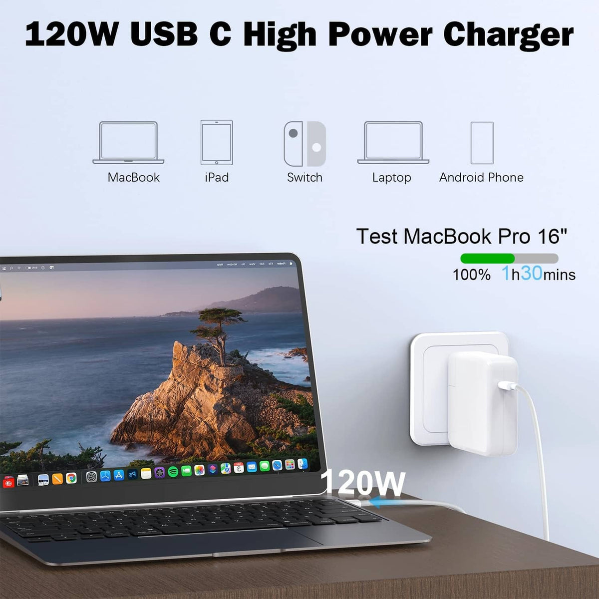 White 120W USB-C charger adapter with side USB-C port and charging cable
