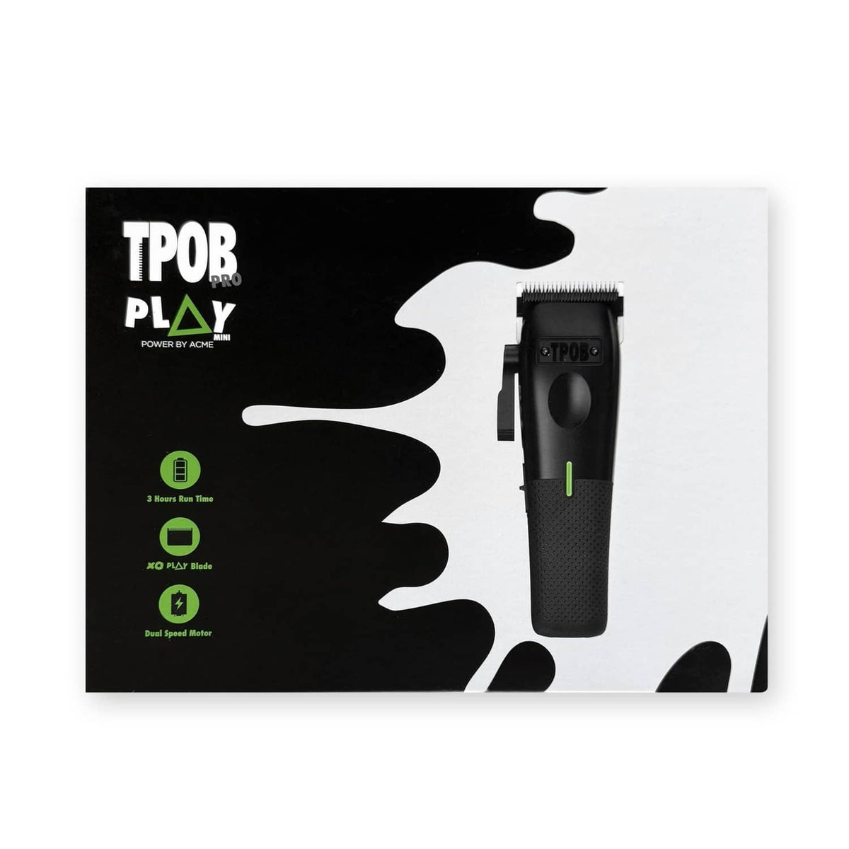 Black hair clipper on retail packaging, showing splash graphic and device silhouette