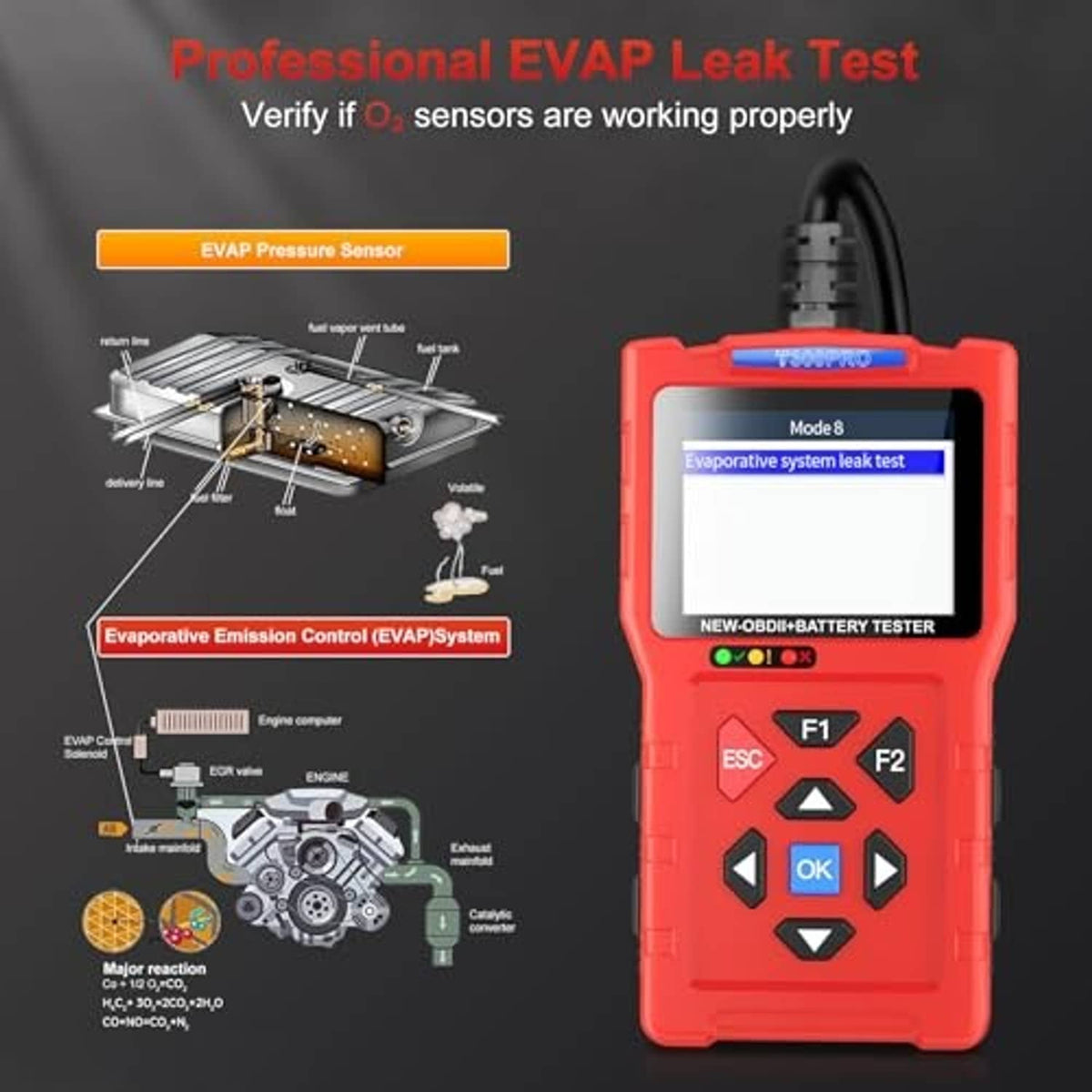 Red OBD2 battery tester showing EVAP leak test screen with EVAP system diagram