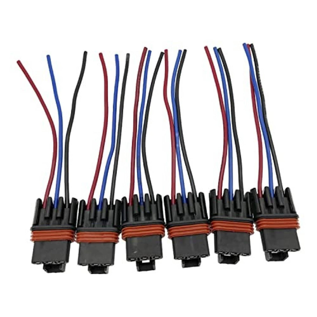 Pulse power plug pigtail connectors, 6-pack, side view with black terminals and colored wires