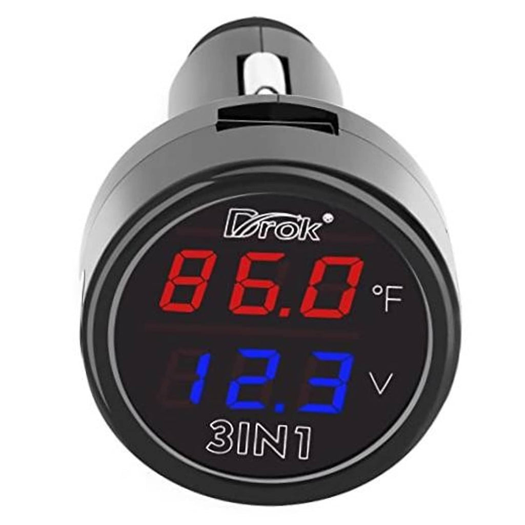 Black 3-in-1 car USB charger monitor with red temperature and blue voltage display