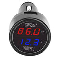 Black 3-in-1 car USB charger monitor with red temperature and blue voltage display