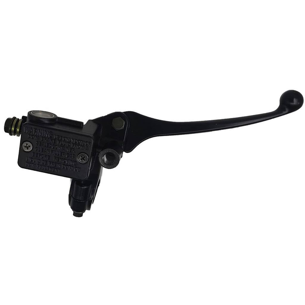 Black brake master cylinder lever assembly with mounting bracket and hose fitting