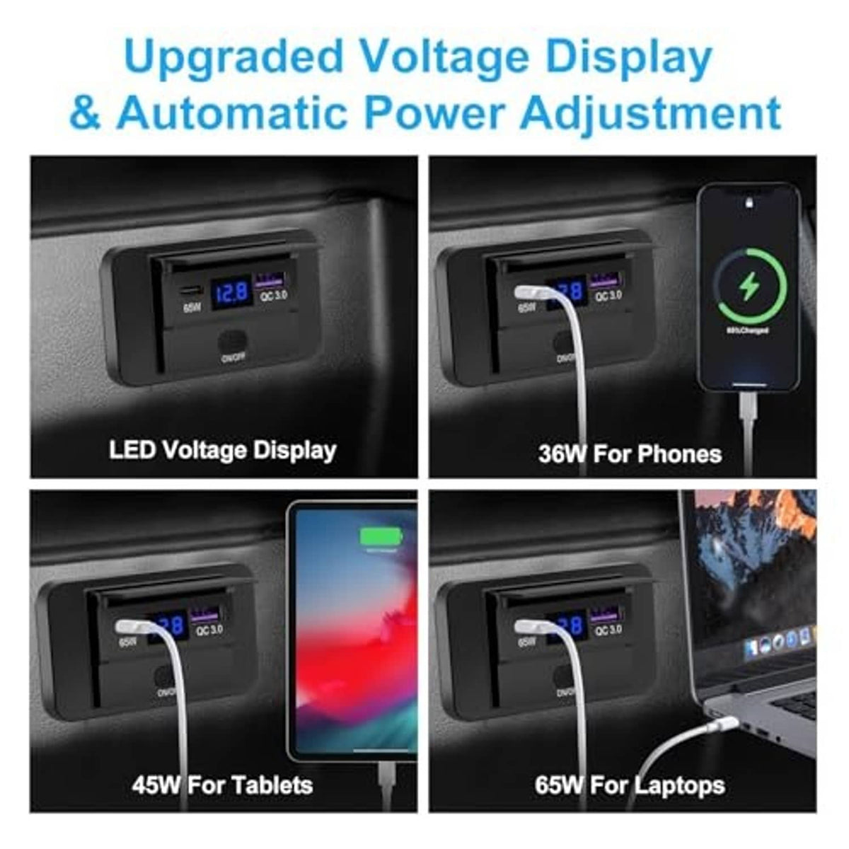 Black car USB outlet with LED voltage display and automatic power adjustment indicator