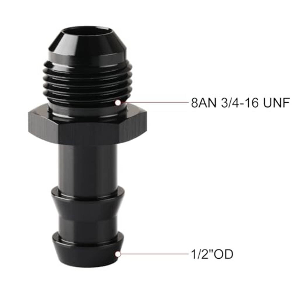 Black 8AN male flare fitting, 3/4-16 UNF threads; 1/2" OD hose barb end