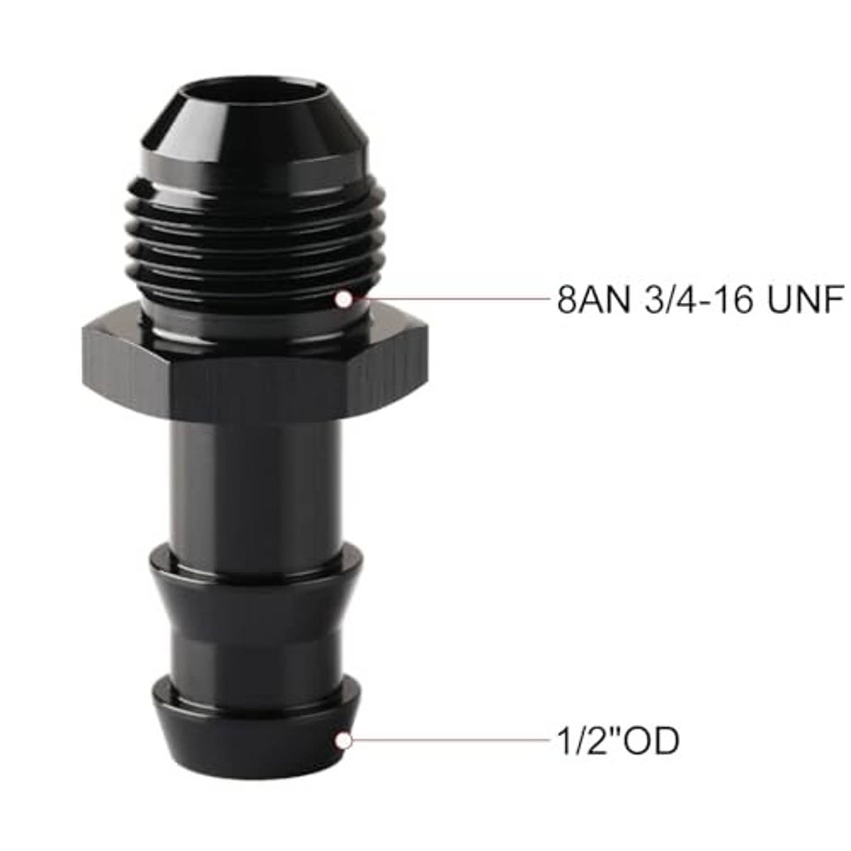 Black 8AN male flare fitting, 3/4-16 UNF threads; 1/2" OD hose barb end