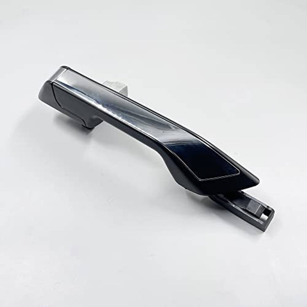 Exterior door handle underside view with chrome trim, black grip, mounting clips