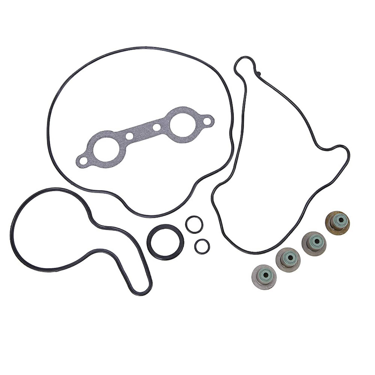 Engine gasket set with black gaskets and gray metal sealing pieces, plus O-rings