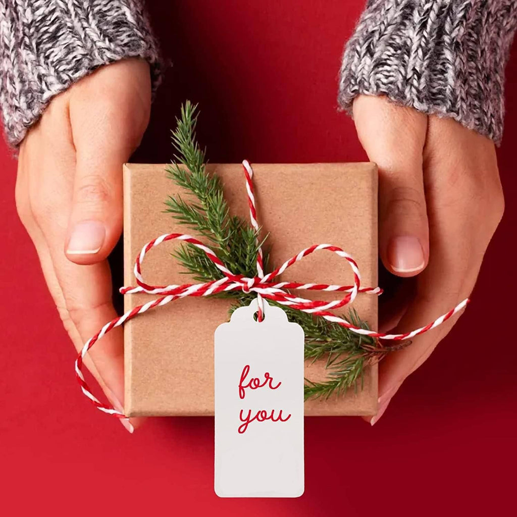 White blank gift tag on wrapped gift with red-and-white striped ribbon