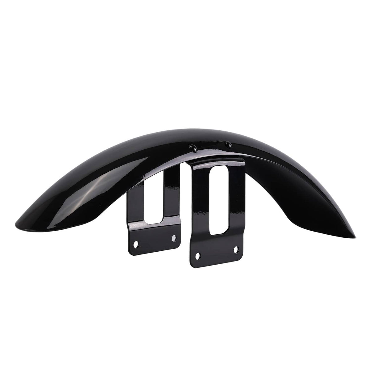 Black front fender mudguard cover with two metal brackets and mounting screw holes