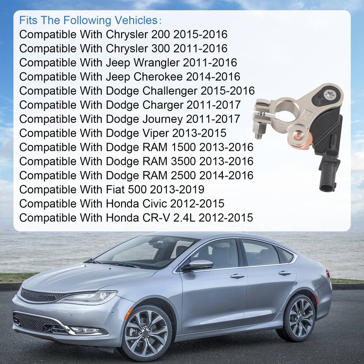 Battery current sensor shown with vehicle compatibility list on background