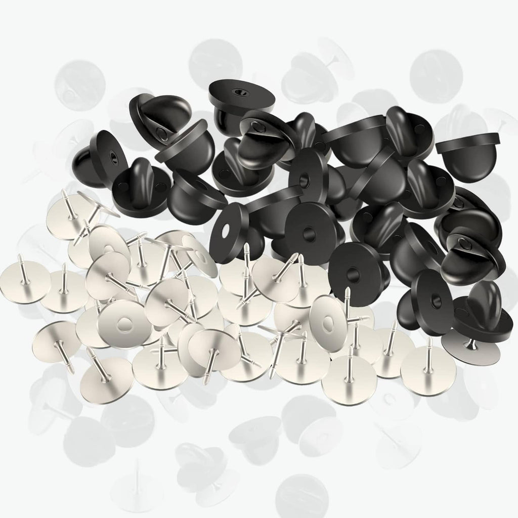 Assorted tie tack pins with black rubber clasp backs and silver metal posts