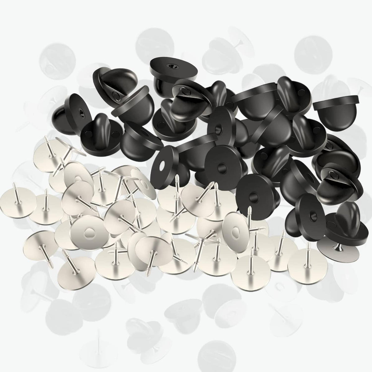 Assorted tie tack pins with black rubber clasp backs and silver metal posts