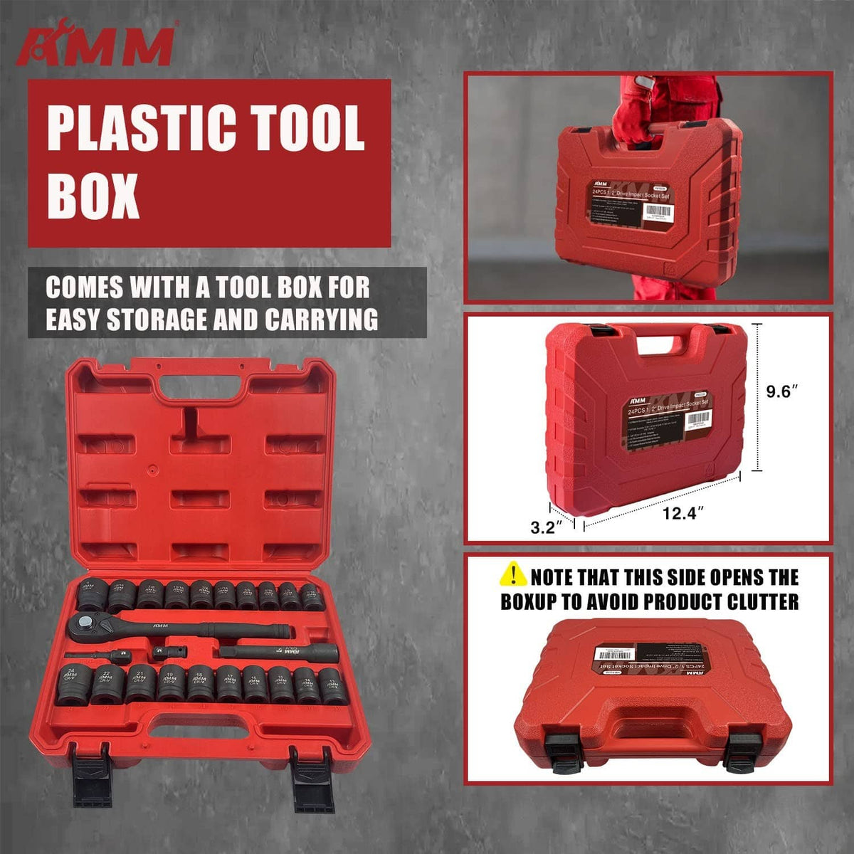 Red plastic tool box with molded tray and black impact sockets