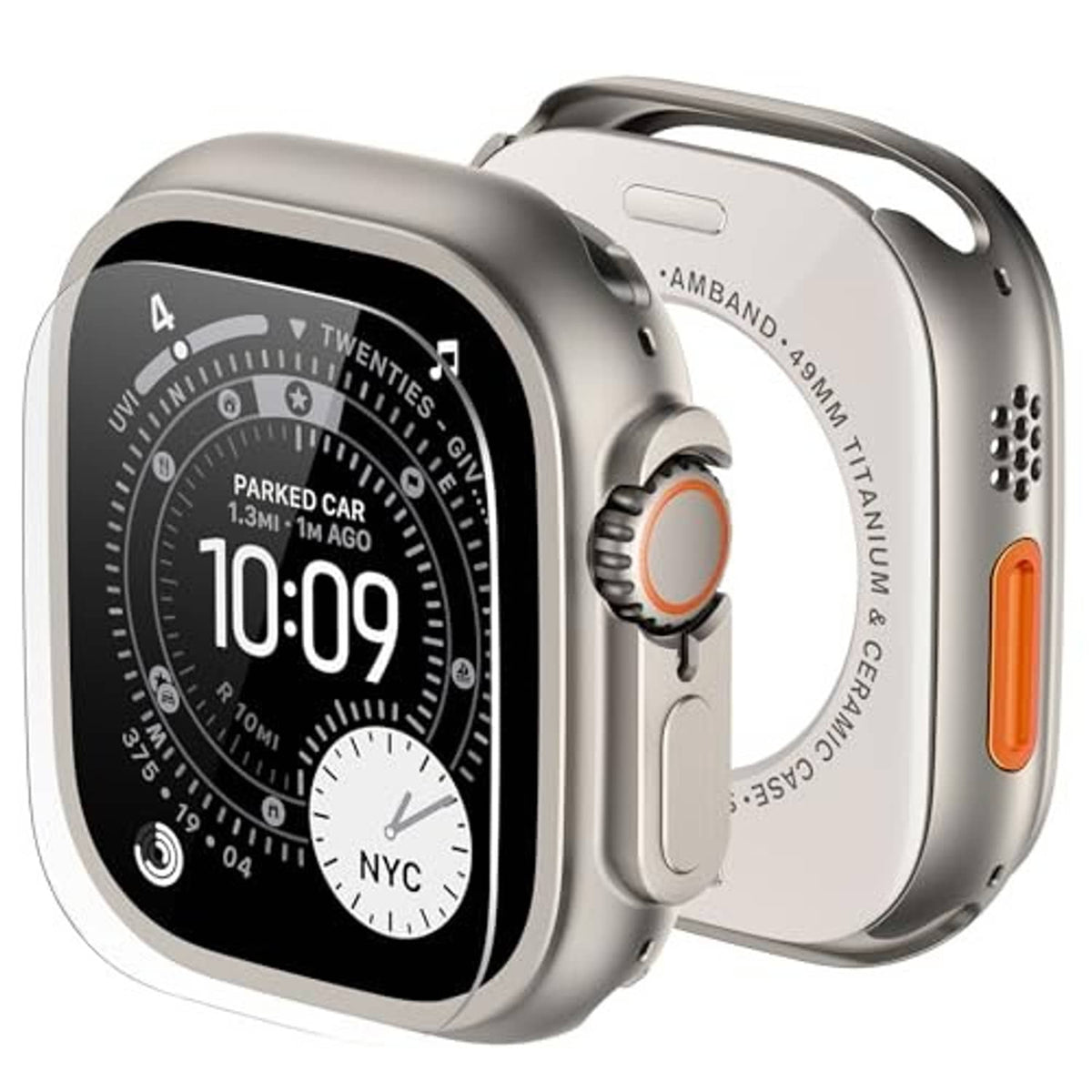 Natural titanium metal case screen protector with clear glass covering the watch face