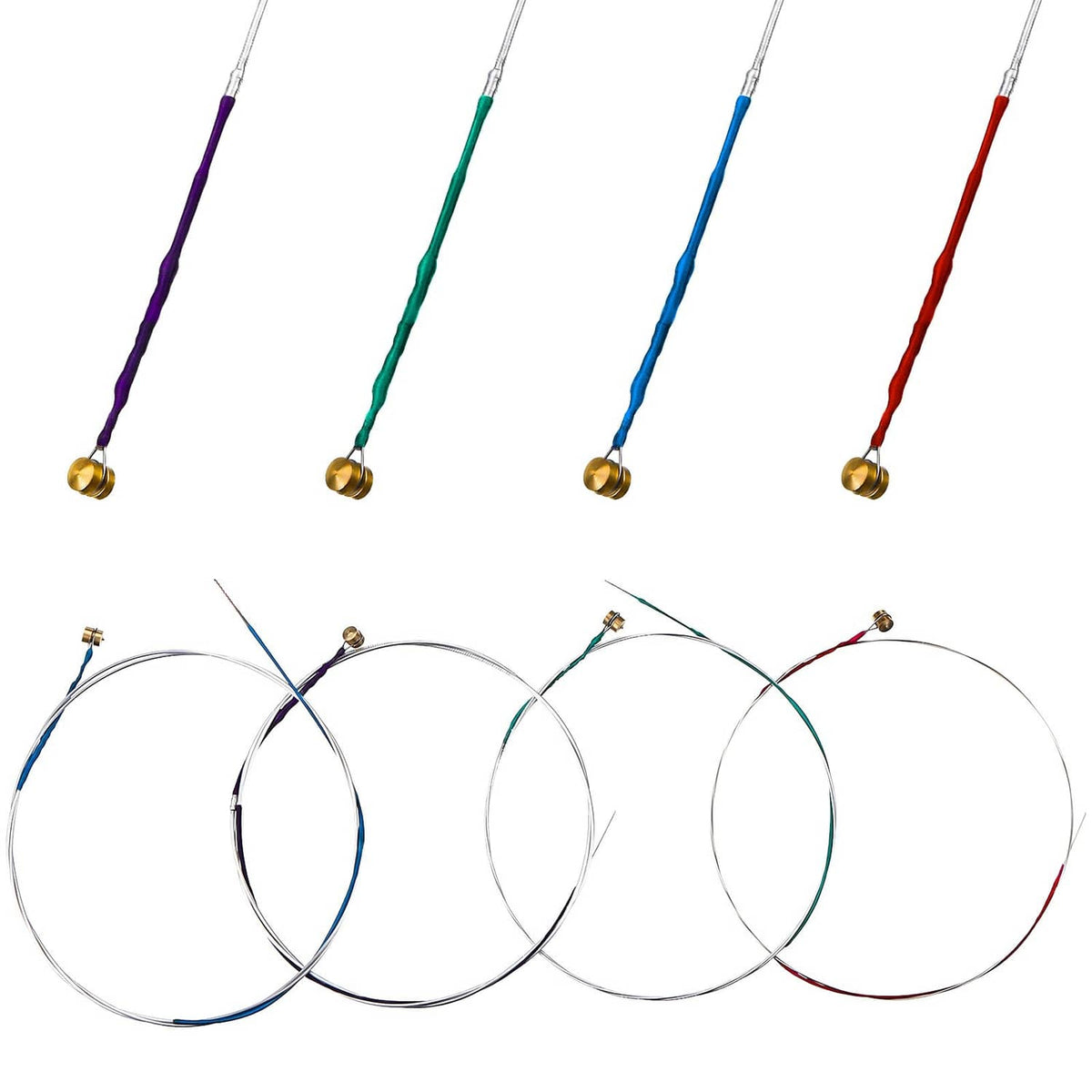 Color-coded violin strings set with gold winding: purple, green, blue, and red