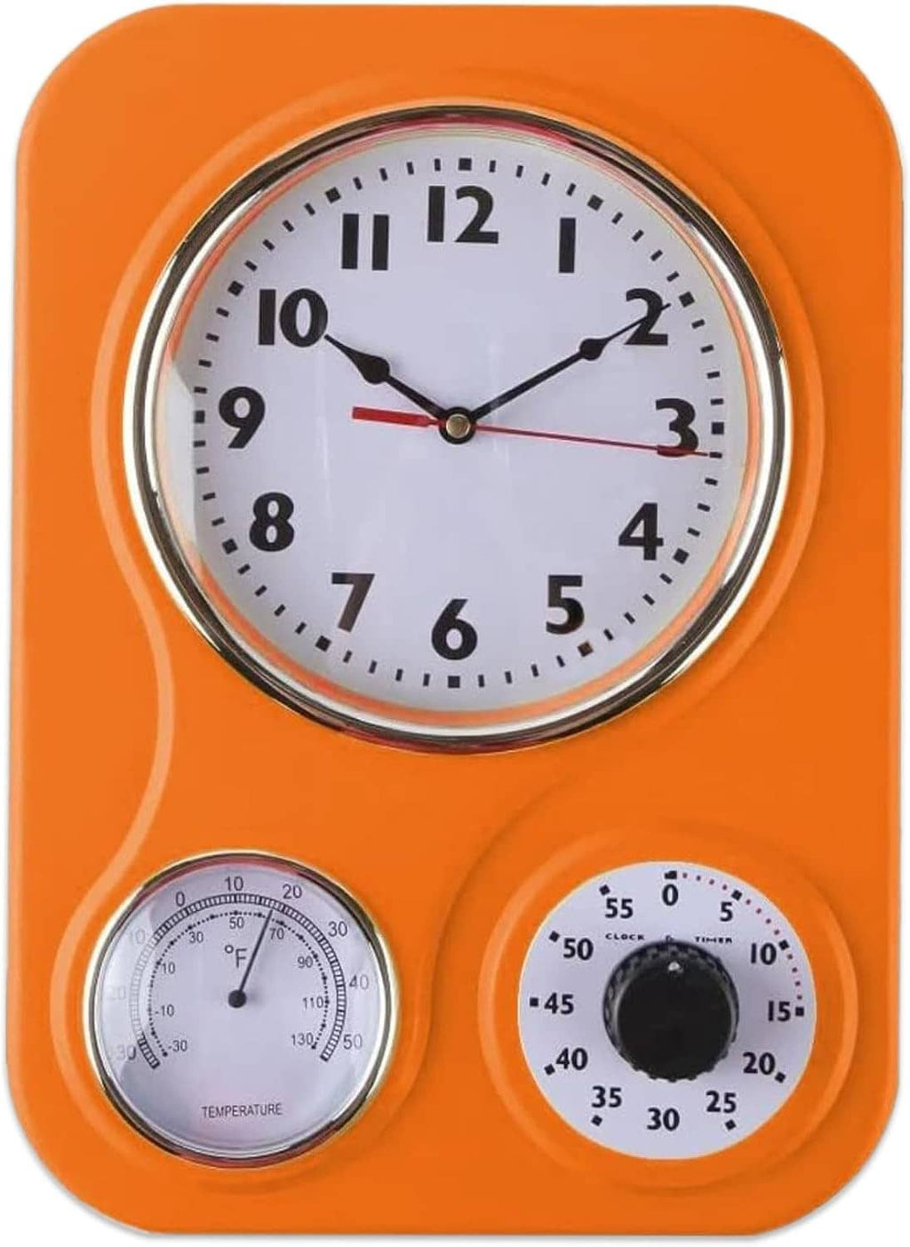 Orange retro kitchen wall clock with analog face, thermometer and hygrometer dials
