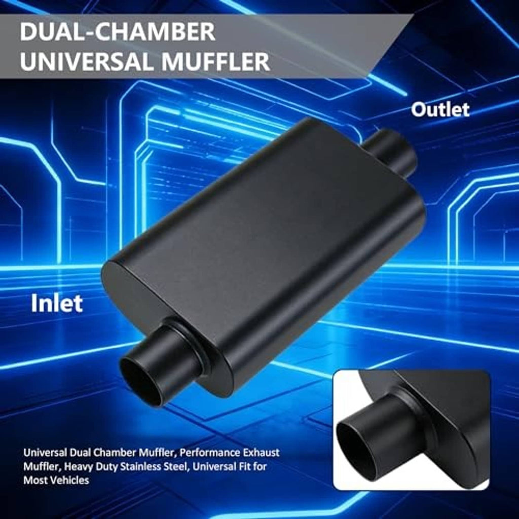 Universal muffler with dual-chamber design and round inlet/outlet stubs