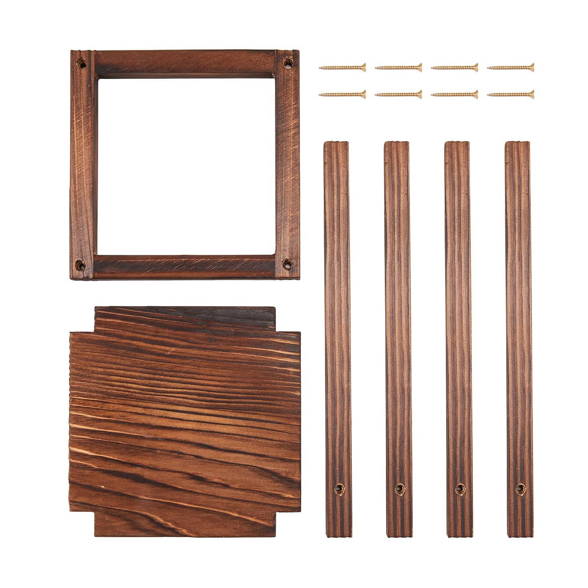 Brown wooden candle lantern components set: frame, base panel, slats and screws