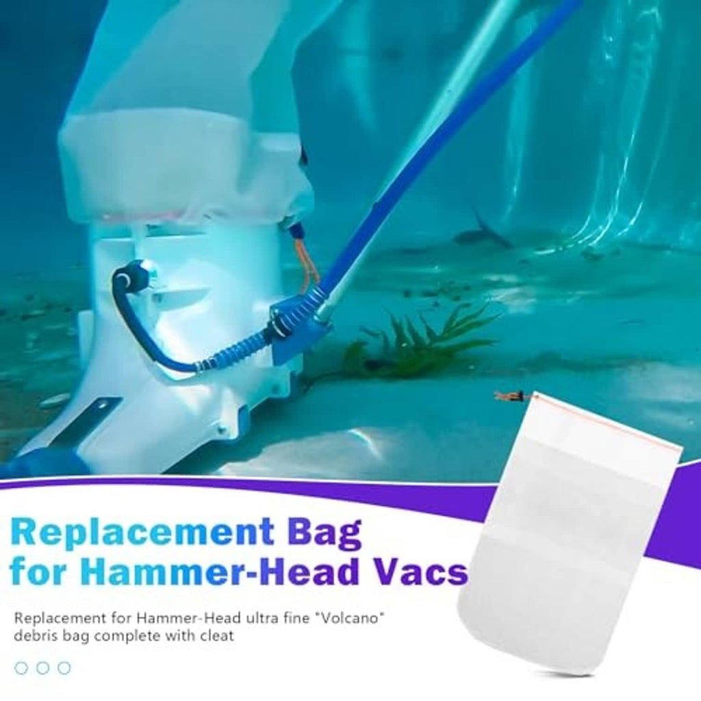 White fine mesh debris bag attached to pool cleaner, with orange drawstring