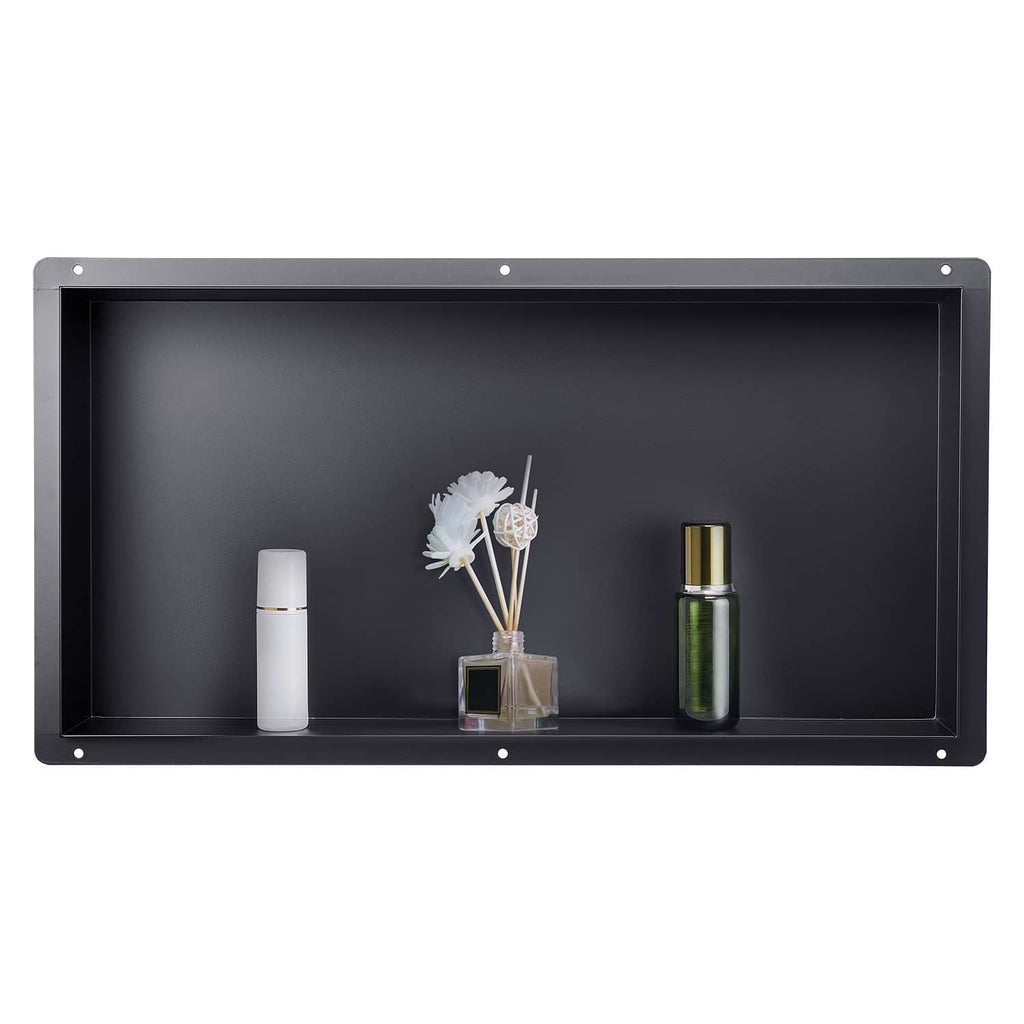 Black frameless shower niche recessed shelf with open rectangular tray