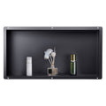 Black frameless shower niche recessed shelf with open rectangular tray