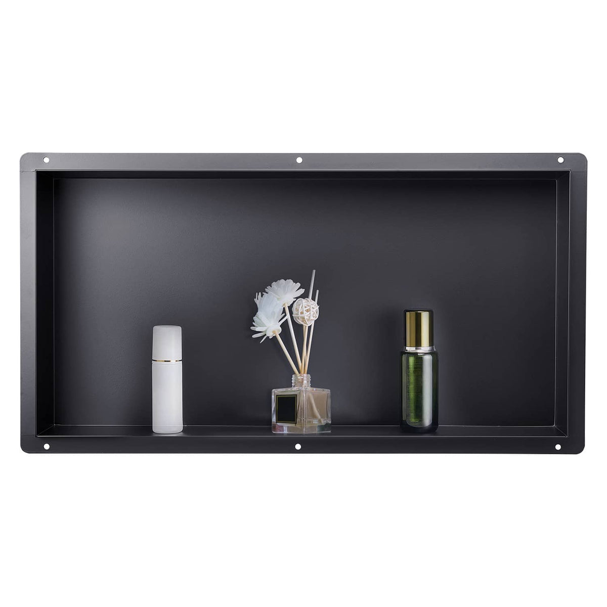 Black frameless shower niche recessed shelf with open rectangular tray