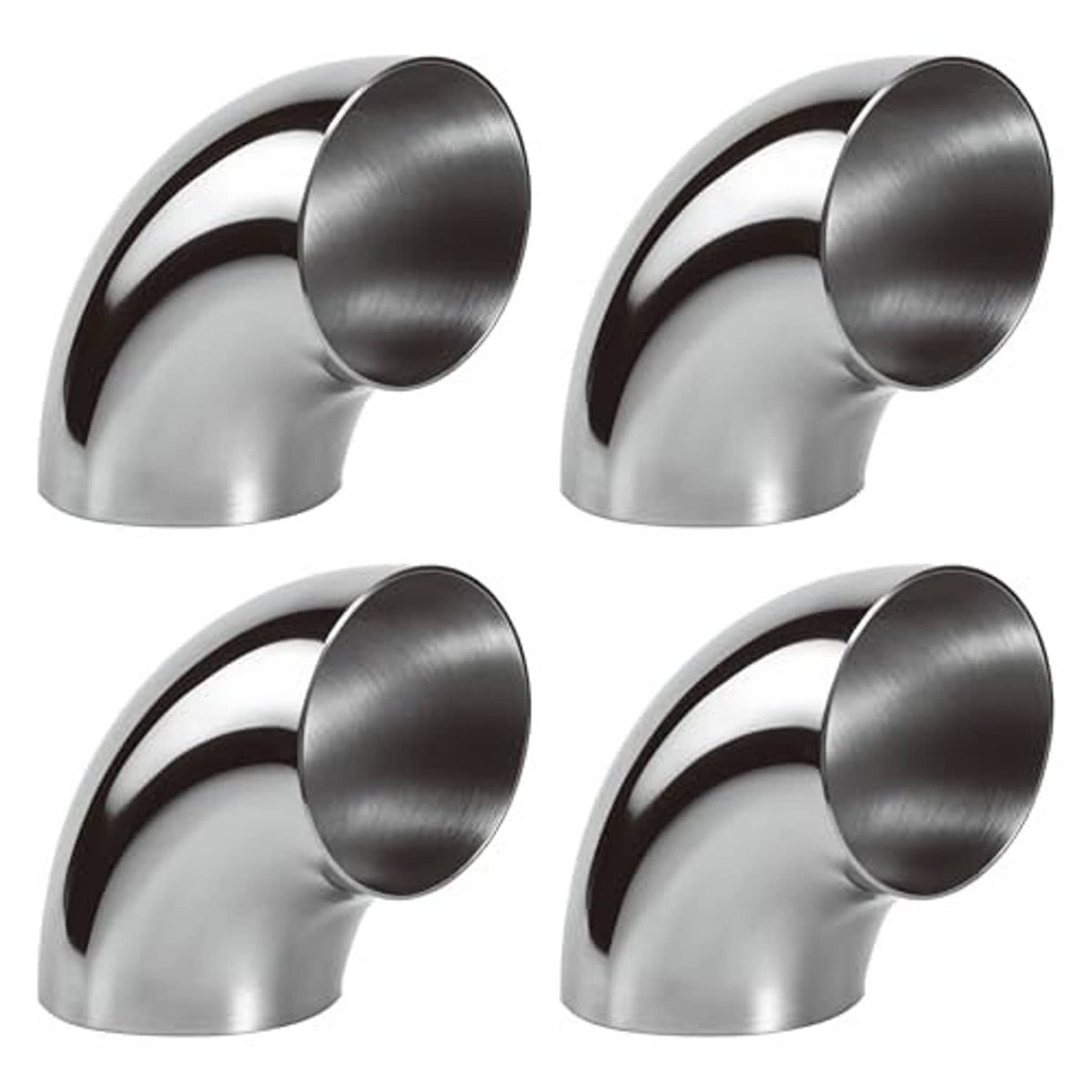 Set of four stainless steel 90-degree elbow fittings with round openings