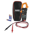 Digital clamp meter with orange clamp, black screen, test leads, and carrying pouch.