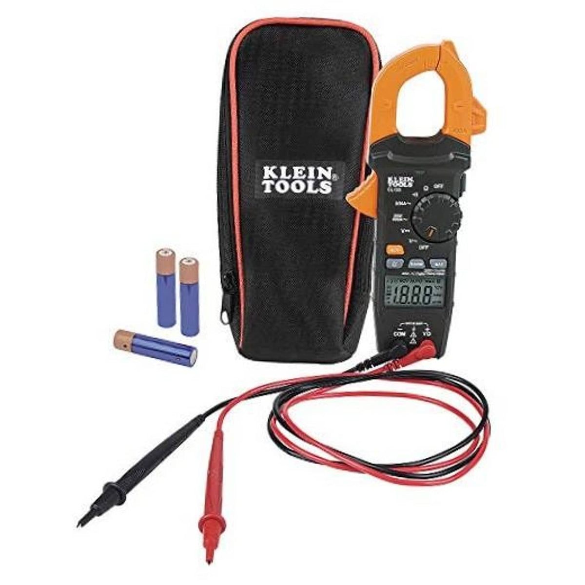 Digital clamp meter with orange clamp, black screen, test leads, and carrying pouch.