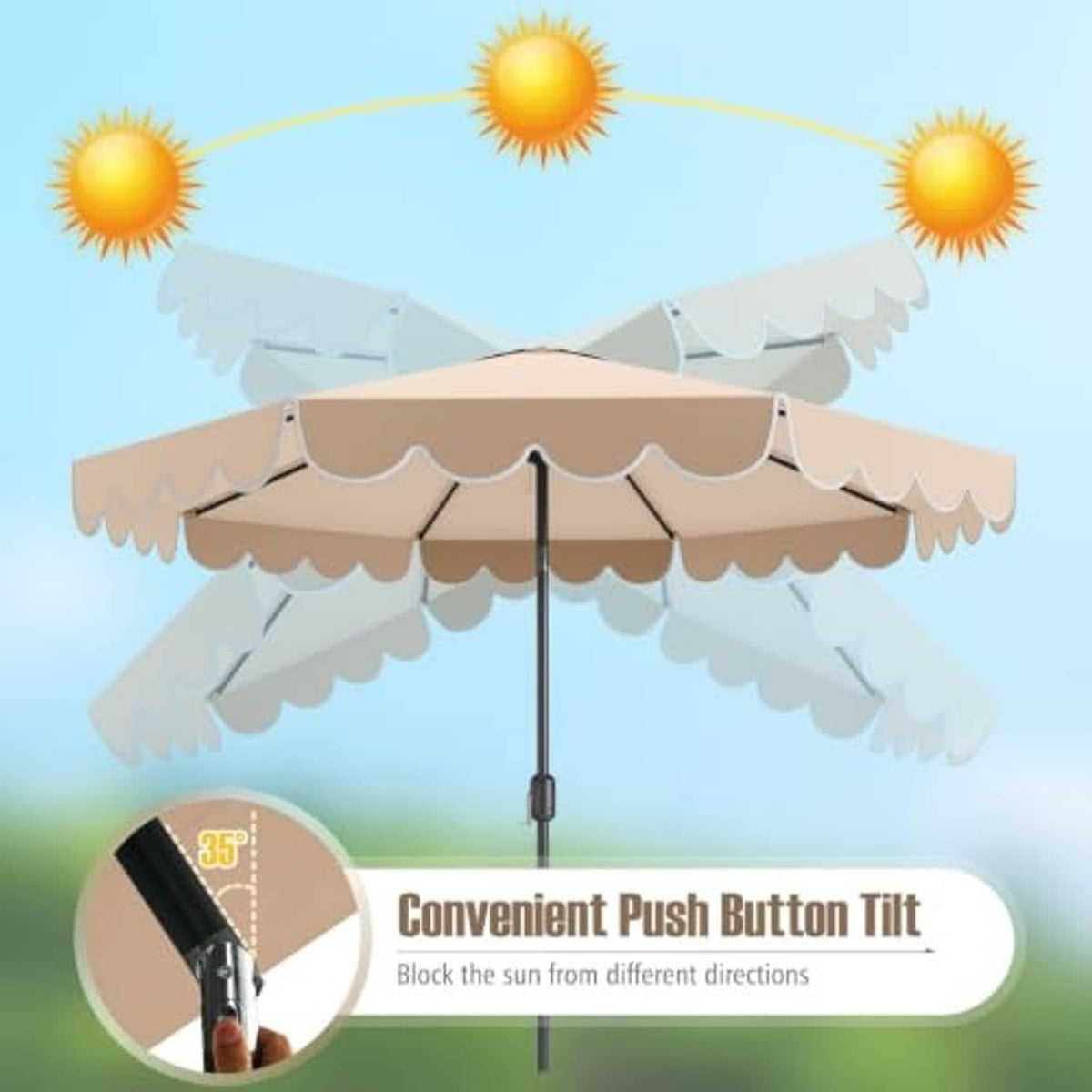 Beige scalloped two-tier patio umbrella canopy with push-tilt pole