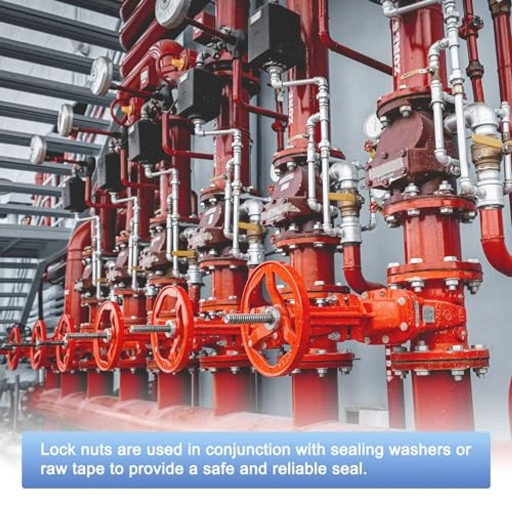 Hex locknuts on stainless pipe connections in industrial plumbing layout