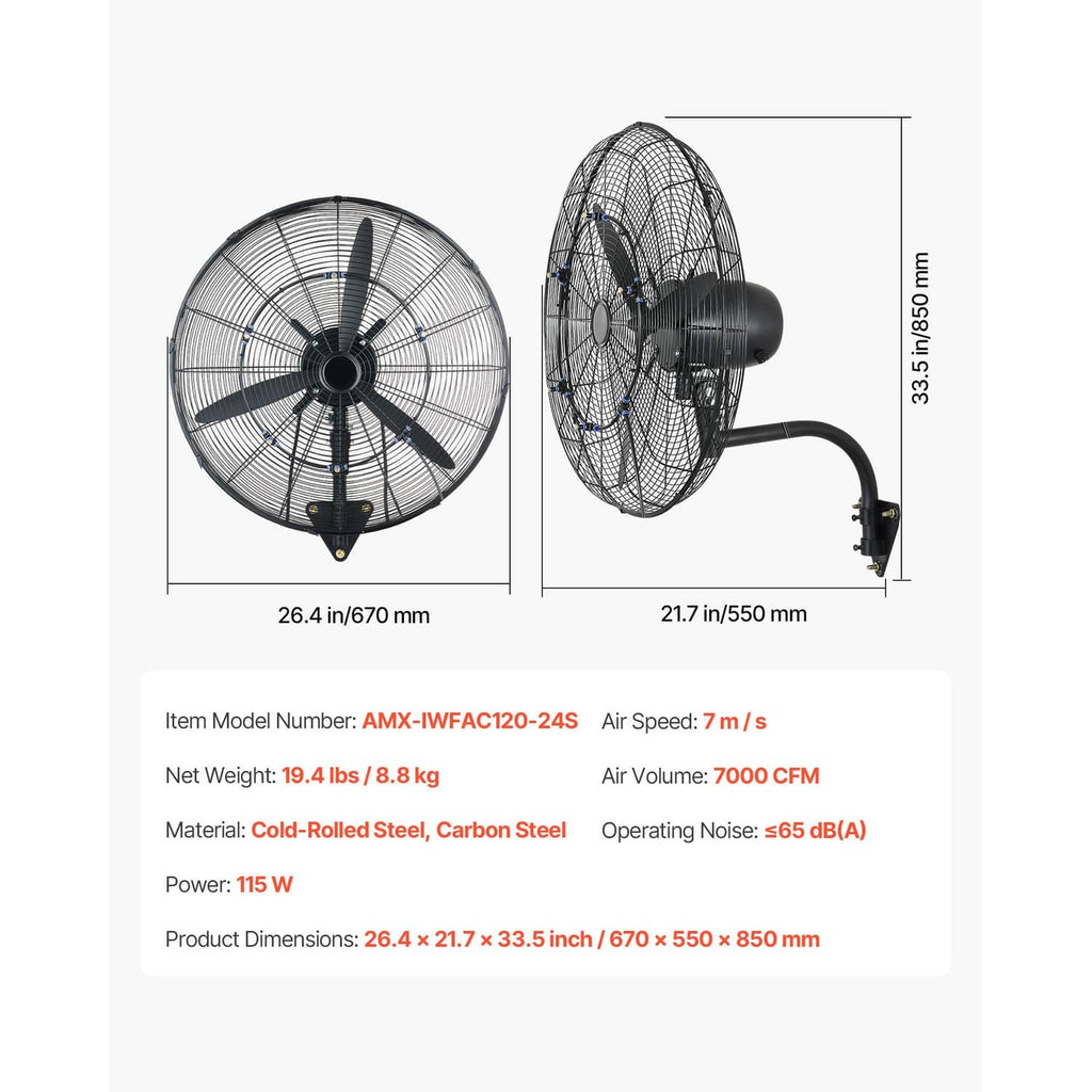 Wall-mounted oscillating mist fan front and side size view, black grille and mist unit