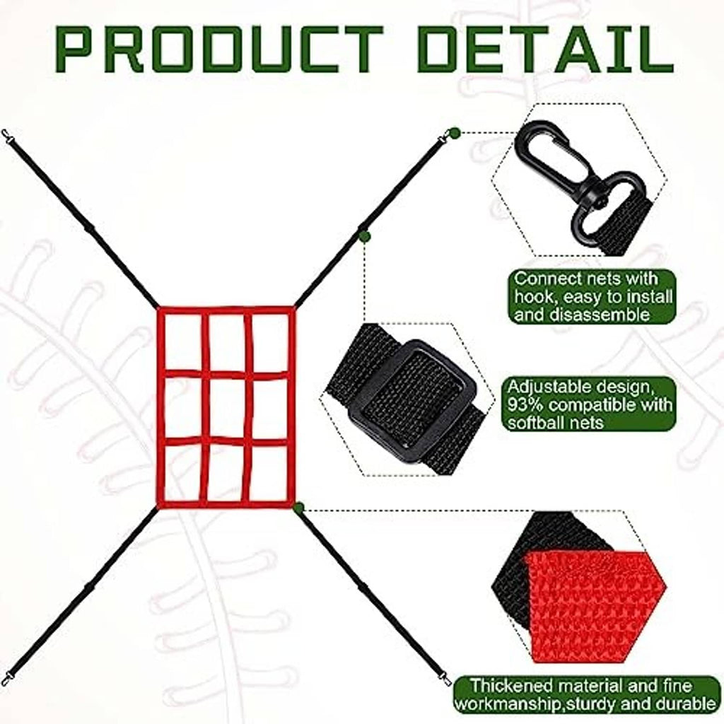 Adjustable baseball strike target net with red grid square panel and black connector detail