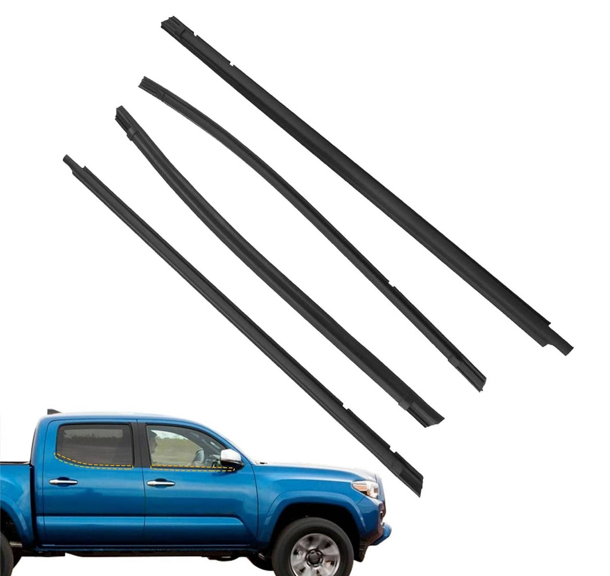 Set of 4 black window weatherstrip trim seals, long channel strips for Toyota Tacoma