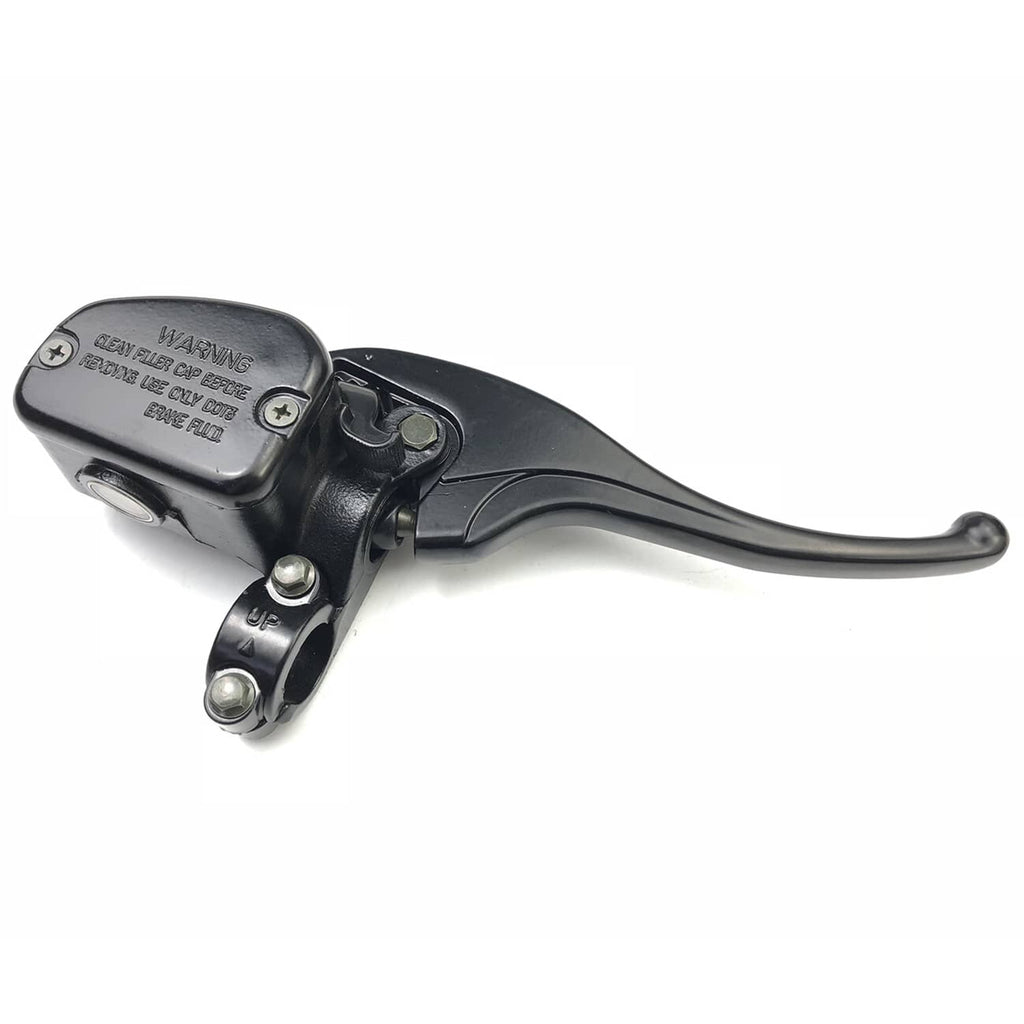 Right brake master cylinder lever with warning label on reservoir housing and lever