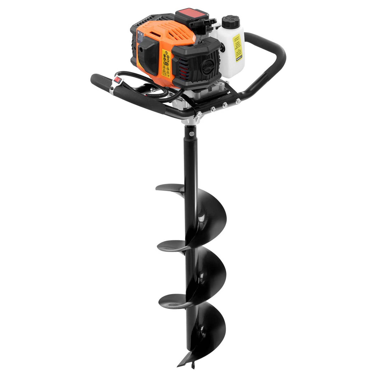 Gas post hole digger with 8-inch spiral auger drill bit and engine unit, black frame