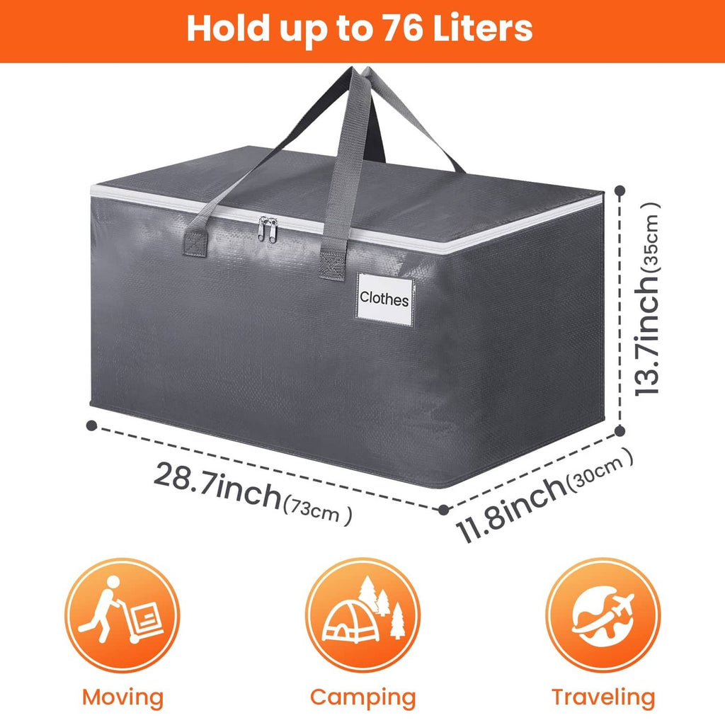 Gray zippered large moving storage bag with handles and front label, holds up to 76 liters