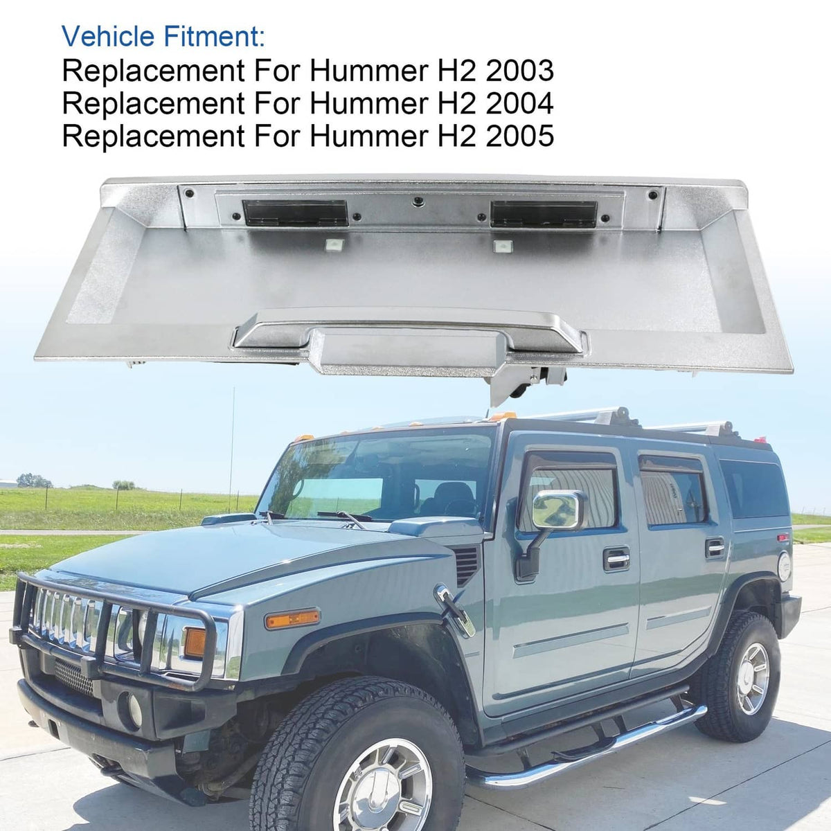 Silver rear tailgate license plate pocket with mounting tabs and centered latch