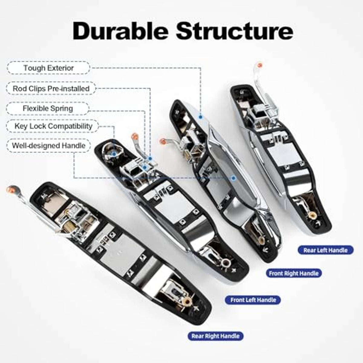 Chrome exterior door handle, cutaway view showing internal lock and spring mechanism