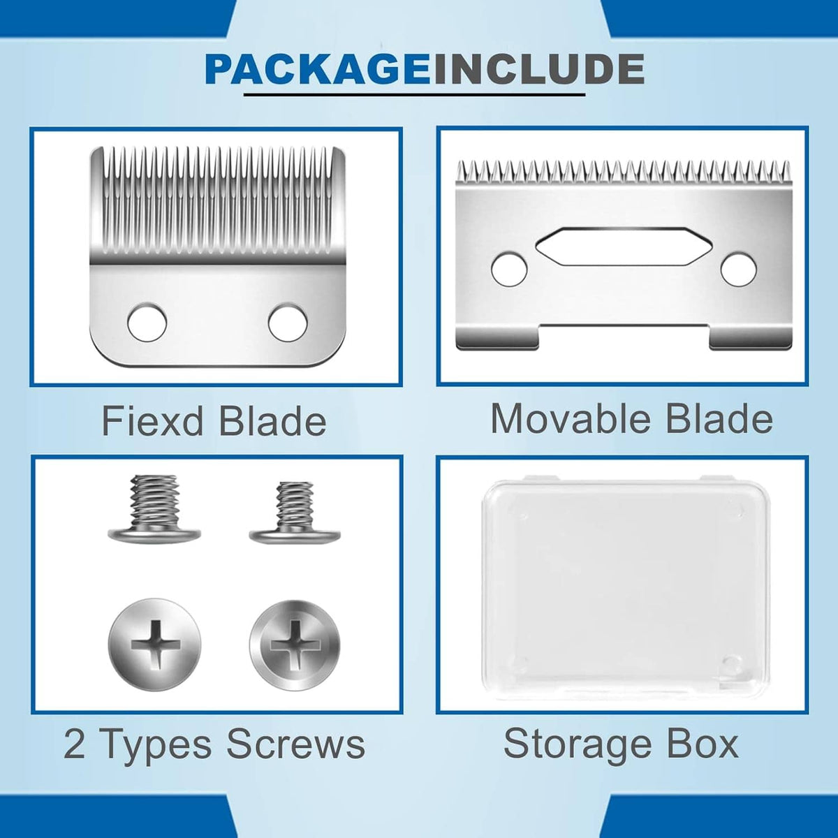 Replacement blade kit with flexi and movable blades, two screws, and storage box