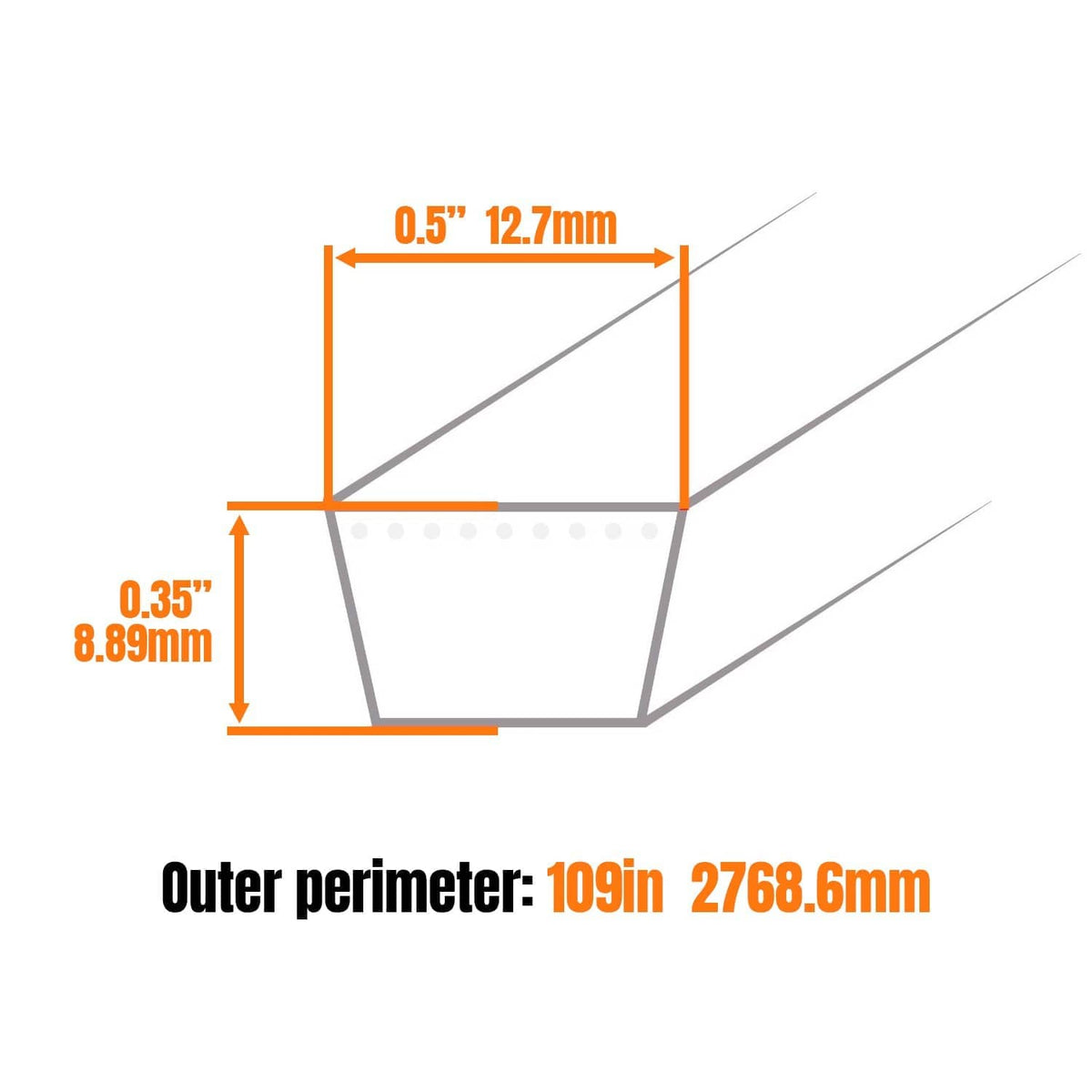 Gray V-belt cross-section with curved outer edges and measured thickness