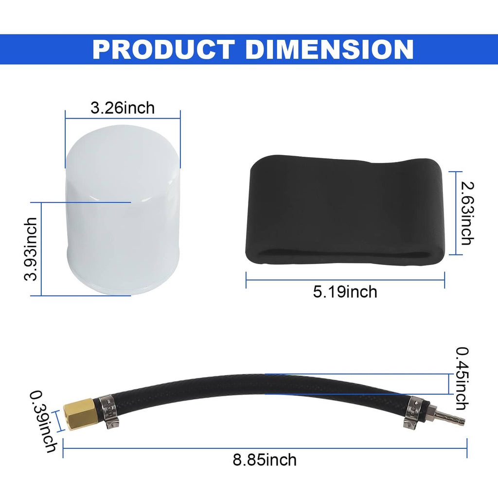 Fuel filter conversion kit components with black protective boot and white filter canister