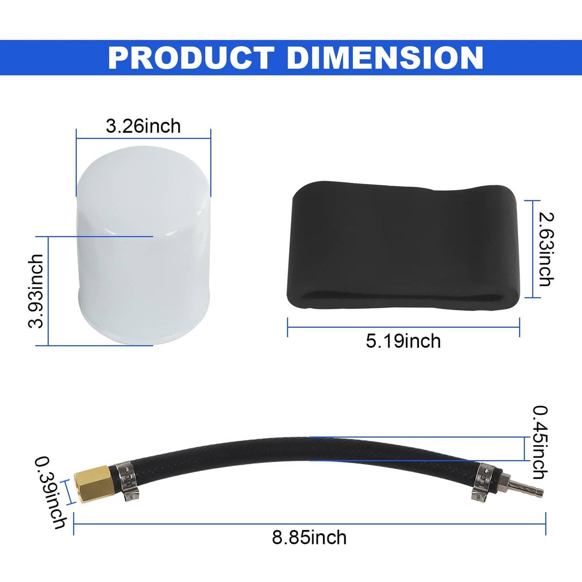 Fuel filter conversion kit components with black protective boot and white filter canister