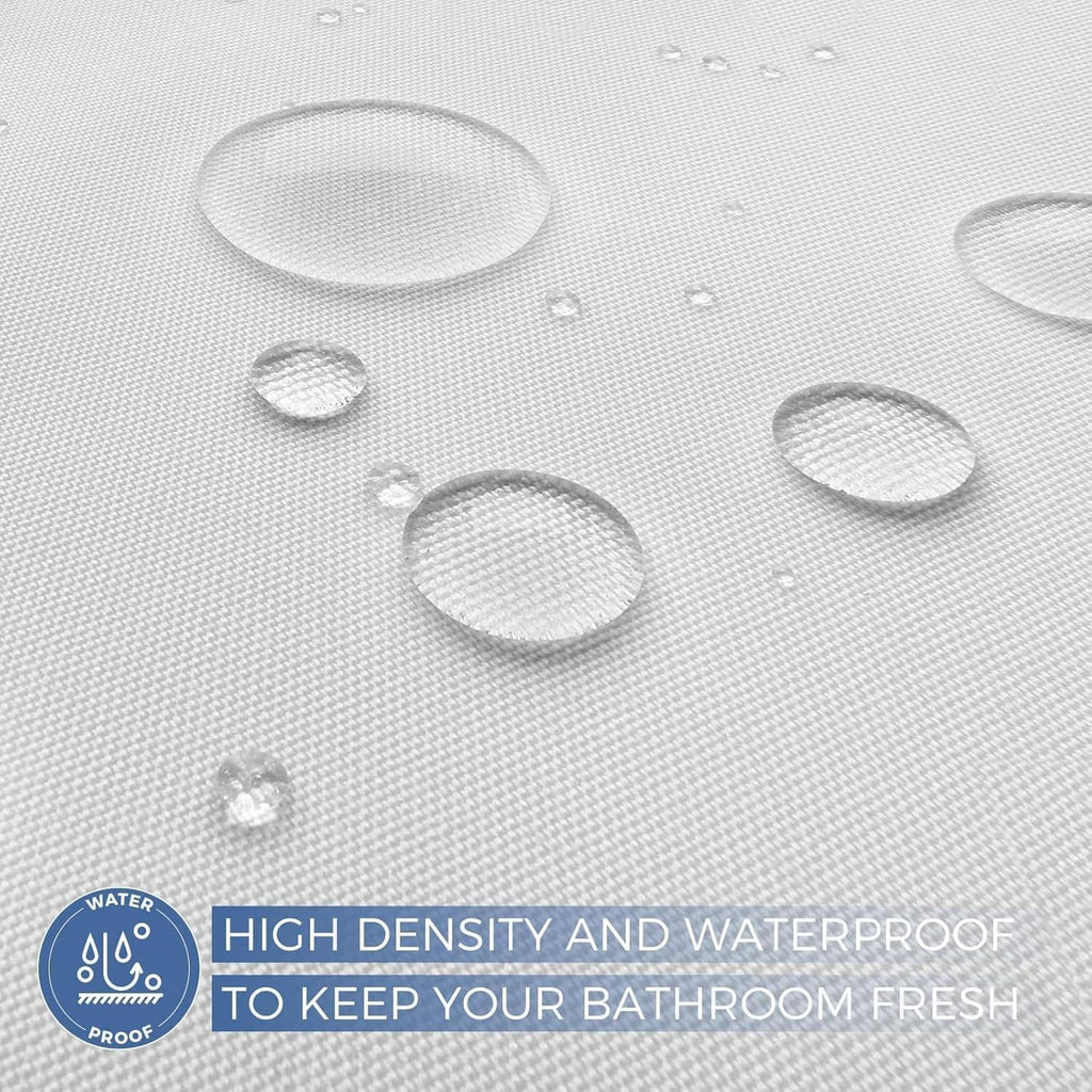 White shower curtain liner with textured water-resistant surface and stitched hem