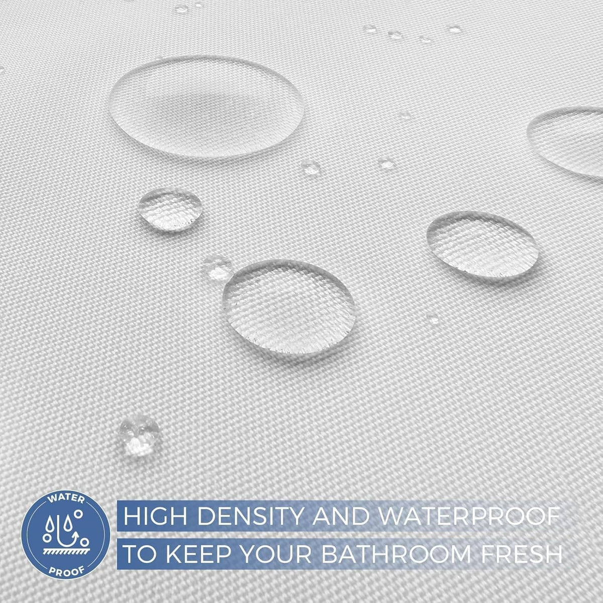 White shower curtain liner with textured water-resistant surface and stitched hem