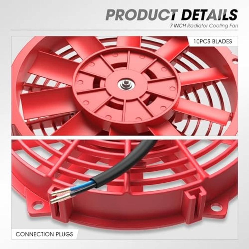Red radiator fan blade housing detail with black wiring and connection plugs